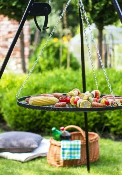Gartendekoparadies Bols À Feu & Poêles De Jardin-Barbecue Grille de Cuisson suspendu sur Trépied 180 cm – en acier avec moulinet
