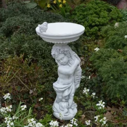 Gartendekoparadies Figures & Statues|Enfants & Anges-Figure de garçon avec un grand bain d'oiseau