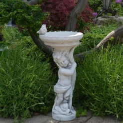Gartendekoparadies Figures & Statues|Enfants & Anges-Figure de garçon avec un grand bain d'oiseau